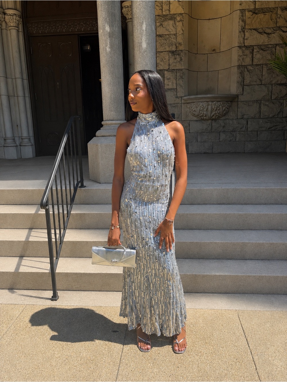 Club L London Silver Sequin High-Neck Maxi Dress